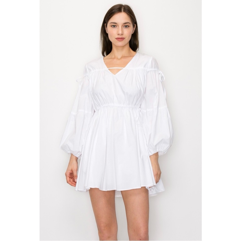 White 100% Cotton Lantern Sleeve Gather Tie Detail Mini Dress - Picture 2 of 5